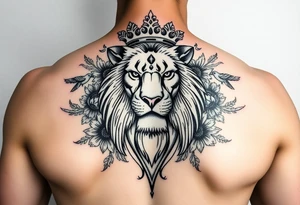powerful majestic lion with a crown, surrounded by floral ornaments and birds tattoo idea