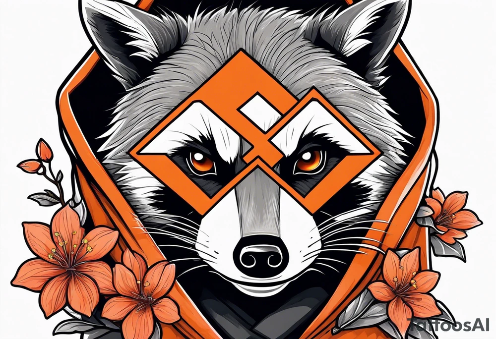 Raccoon wearing a white Superman logo on a black hoodie and orange Japanese cherry blossoms tattoo idea