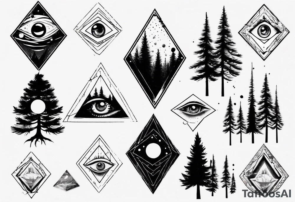 Pine trees with script.  Add an eye inside of a diamond shape with dot work lines coming out from the eye.  Add a planet. tattoo idea