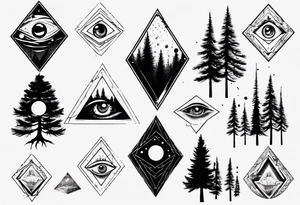 Pine trees with script.  Add an eye inside of a diamond shape with dot work lines coming out from the eye.  Add a planet. tattoo idea