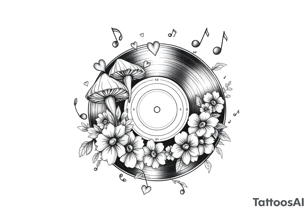 vinyl record with mushrooms, flowers, hearts, and music notes tattoo idea