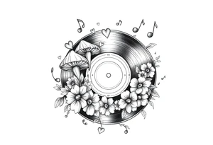 vinyl record with mushrooms, flowers, hearts, and music notes tattoo idea