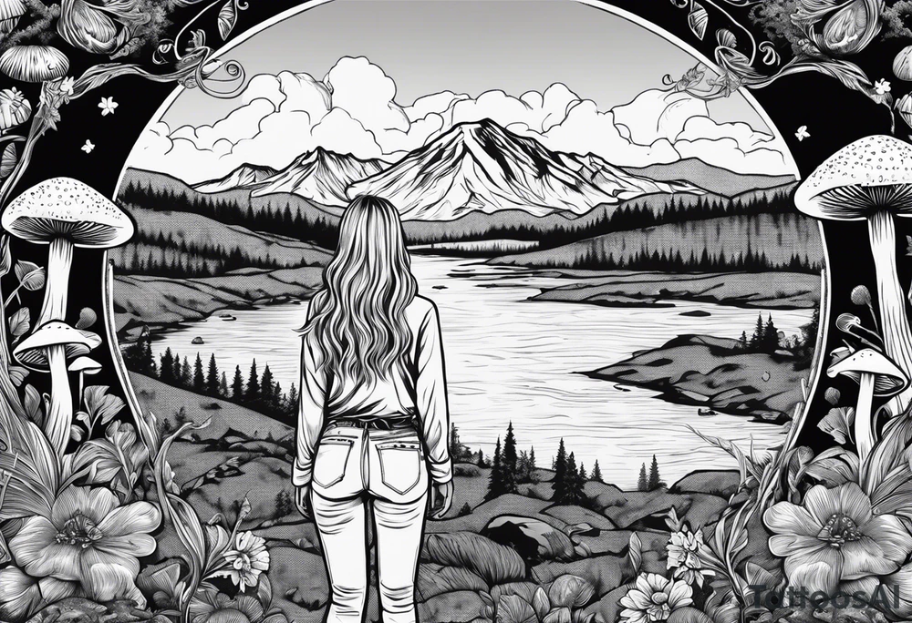 Whole picture encircled fully

Straight long blonde hair hippie girl in distance holding mushrooms in hand facing away toward mountains and creek surrounded by mushrooms long sleeve shirt and hiking pants; whole rendering within a full circle, no cut off circle tattoo idea