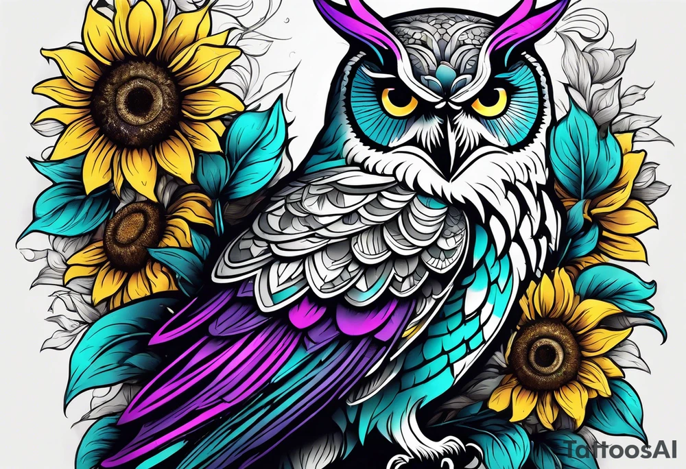 Black and white owl shaded teal, pink and purple surrounded by yellow sunflowers sleeve tattoo idea