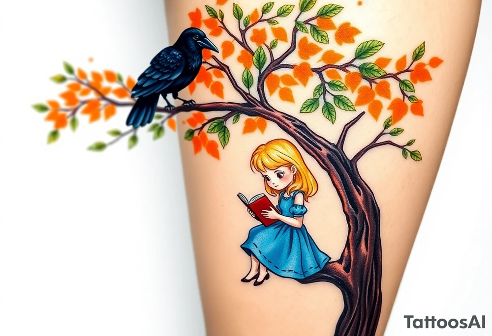 A Raven standing on the branch of an orange tree. A blond little girl wearing a blue dress sitting under the tree while reading a book. The raven is watching her. tattoo idea
