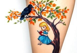 A Raven standing on the branch of an orange tree. A blond little girl wearing a blue dress sitting under the tree while reading a book. The raven is watching her. tattoo idea