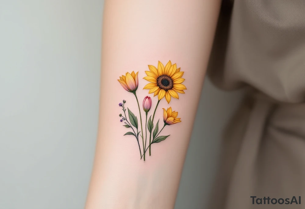 Small yellow sunflowers and simple stargazer Lilly in pale pink and pale purple tulip buds in a dainty wildflower bouquet with light green stems. No outlines on the flowers. Include feminine stem lines. tattoo idea