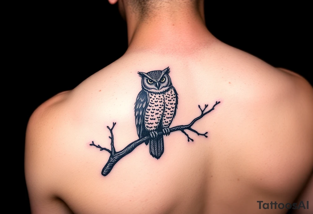 wise owl perched on ancient oak branch under starlit sky tattoo idea