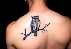 wise owl perched on ancient oak branch under starlit sky tattoo idea