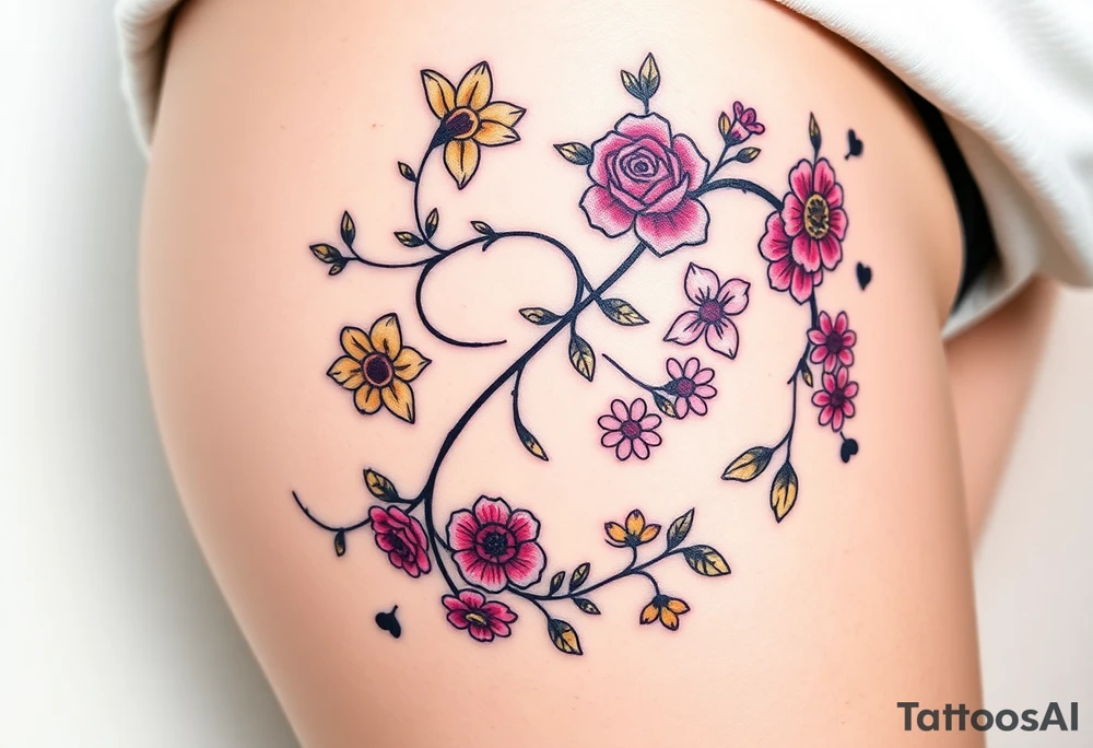 Vine with flowers: daffodil,
Lily, chrysanthemum, rose, aster, narcissus tattoo idea