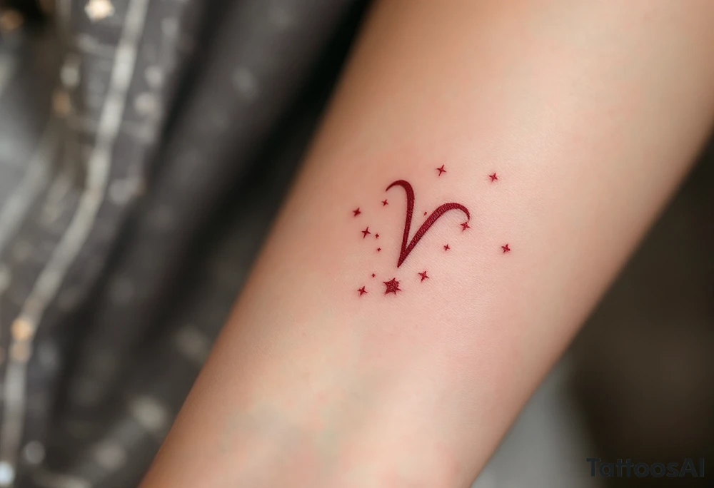 A bold Virgo sign in crimson red centers the arm with delicate white stars constelltion orbiting in its form. tattoo idea