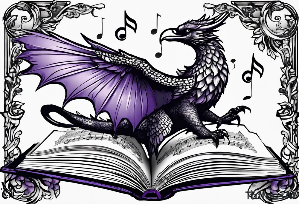 an open book with a small dragon flying over a perched raven, a pawn piece to the right, a single music note and a lavender flower under the book tattoo idea