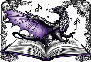 an open book with a small dragon flying over a perched raven, a pawn piece to the right, a single music note and a lavender flower under the book tattoo idea