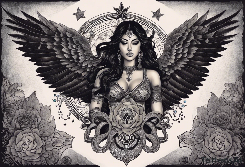 black kali, goddess pirate, alien, angel, pachamama, valkrye, warrior, flying, skull, lotus azul, wing, eagle, zenza resonance, stars, 5D, anahata chakra, death, durga, riding on a tiger, flying lady, chest tatoo tattoo idea