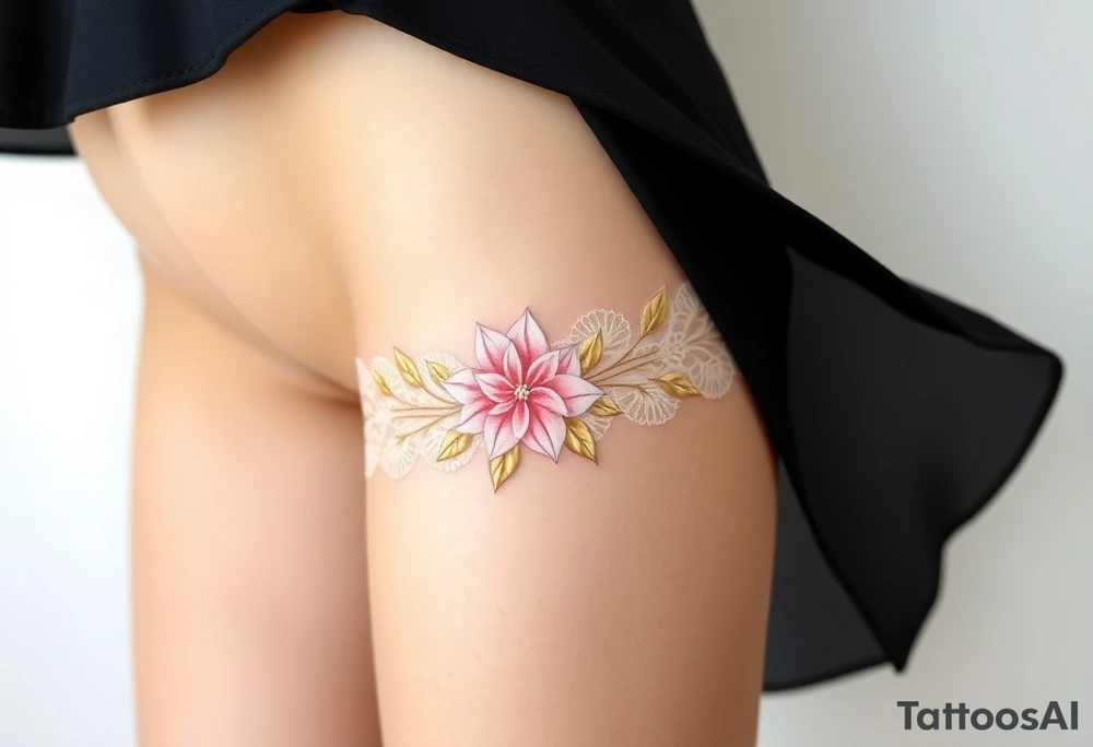 A soft peony lace garter tattoo with pastel pink petals with golden leaves tattoo idea