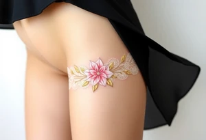 A soft peony lace garter tattoo with pastel pink petals with golden leaves tattoo idea