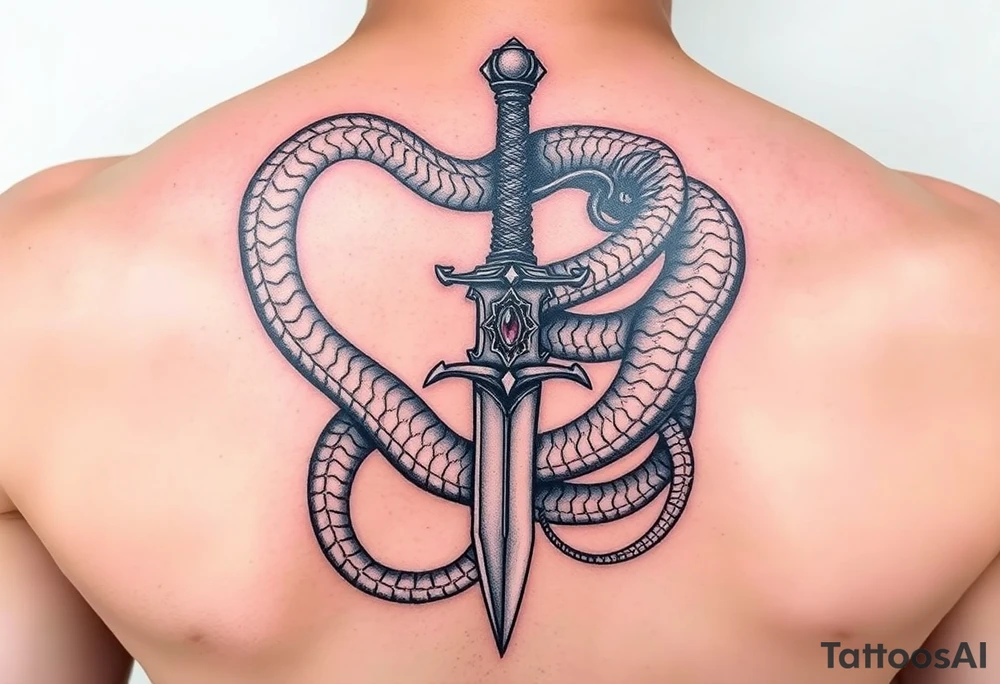 mystical snake coiled around an ancient dagger with jeweled hilt tattoo idea