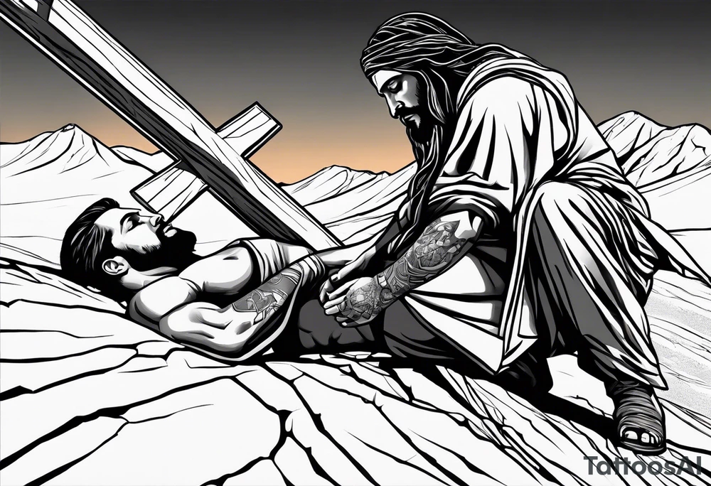 man crawling in a desert reaching to the cross of Christ tattoo idea