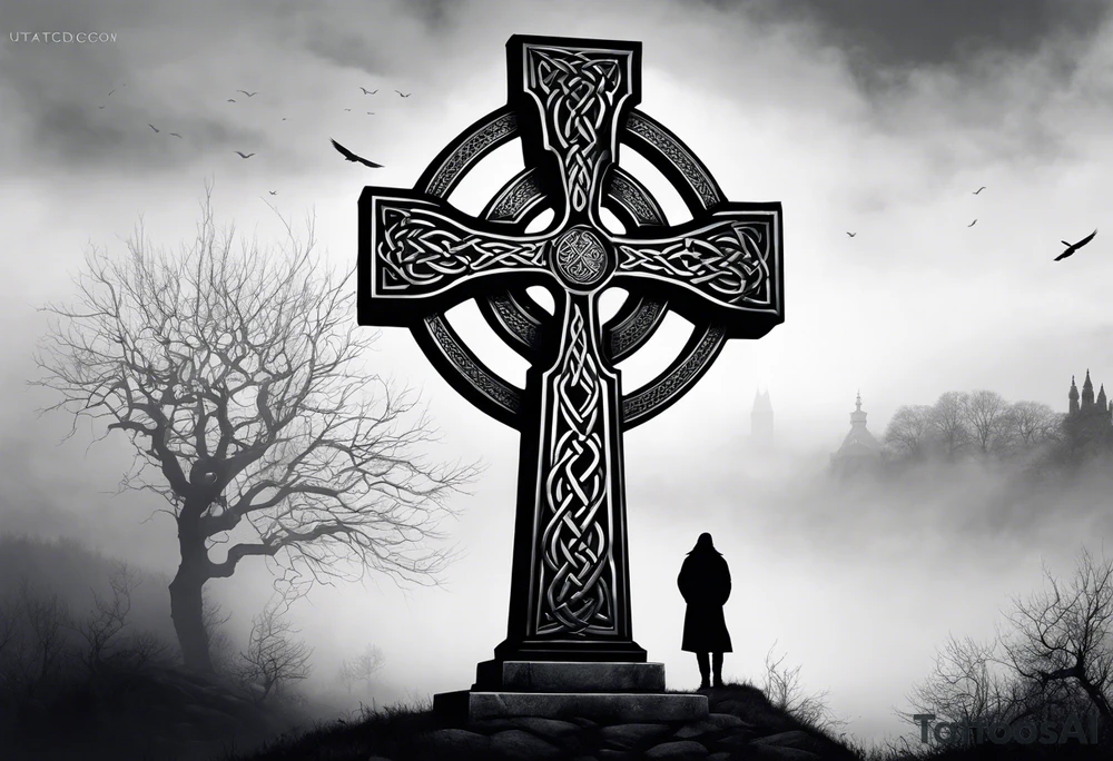 A stone Celtic cross, standing alone in the fog, with a raven perched on the arm of the cross tattoo idea