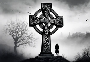 A stone Celtic cross, standing alone in the fog, with a raven perched on the arm of the cross tattoo idea