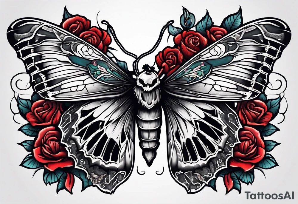 Moth with skull inside it and thorns and roses around it tattoo idea