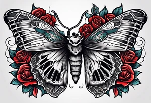 Moth with skull inside it and thorns and roses around it tattoo idea