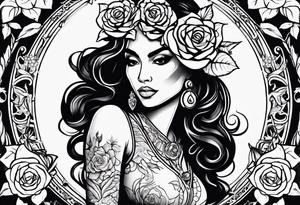 Hispanic/ Latin  woman GODDESS with half skull face, roses, loving heART, strength to move forward cancer zodiac , small clock on face tattoo idea