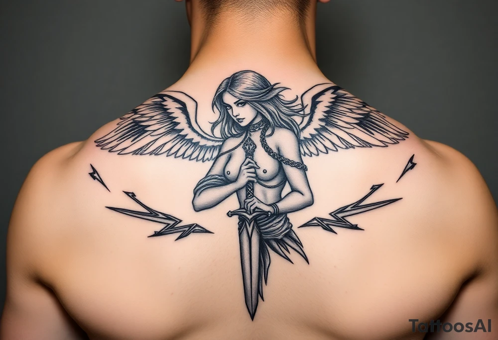 Fierce Female Angel warrior with dagger and realistic lighting bolts going around body Greek mythology style with dark shading tattoo idea