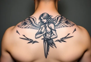 Fierce Female Angel warrior with dagger and realistic lighting bolts going around body Greek mythology style with dark shading tattoo idea