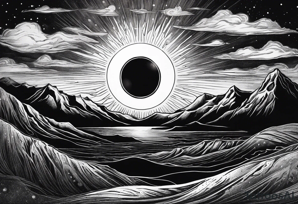 black solar eclipse with red light shining behind it, dark fantasy landscape tattoo idea