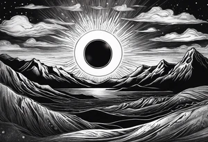 black solar eclipse with red light shining behind it, dark fantasy landscape tattoo idea