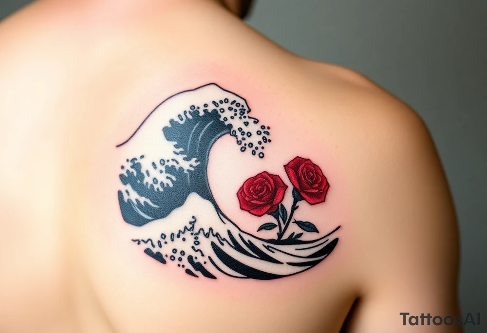 Shoulder tattoo of the Great Wave of Kanagawa in black and white with a small beautiful red rose with in the space where the wave curves tattoo idea
