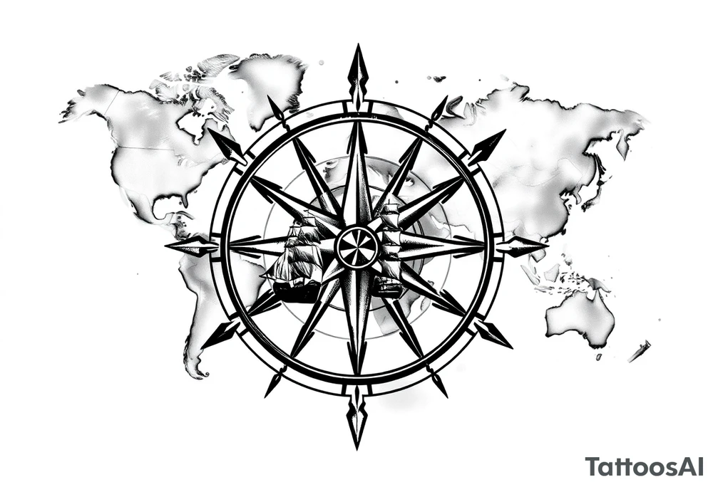 antique compass rose overlaid on weathered world map with sailing ships tattoo idea