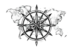 antique compass rose overlaid on weathered world map with sailing ships tattoo idea