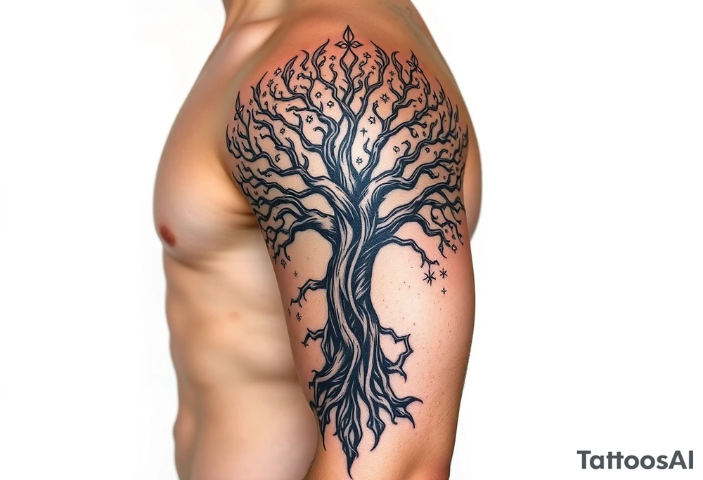 mystical tree of life with cosmic roots and celestial branches tattoo idea