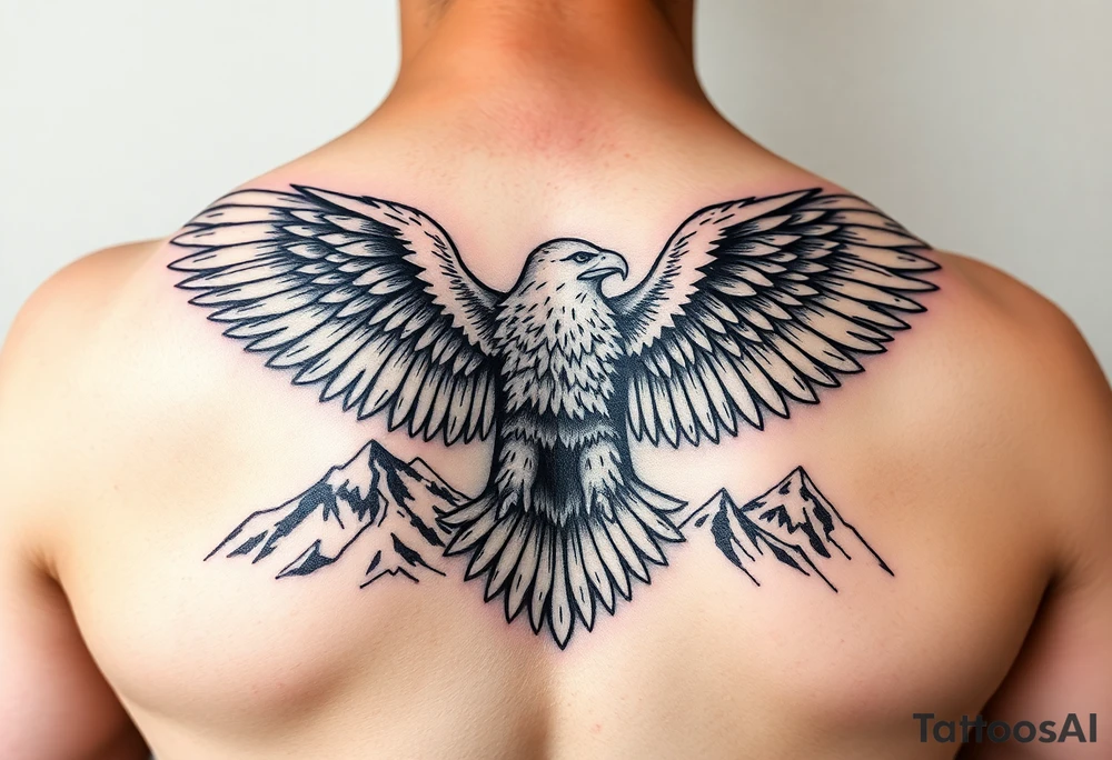 majestic eagle spreading wings against mountain peaks tattoo idea