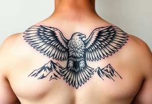 majestic eagle spreading wings against mountain peaks tattoo idea
