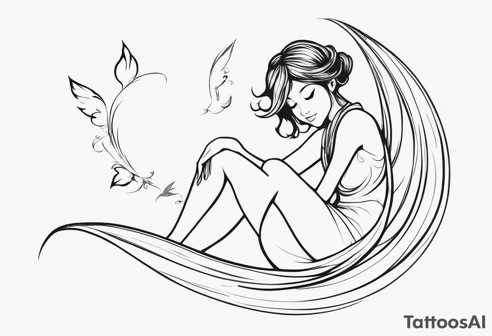 Minimalistic, monochromatic fairy with a tail flying to the left in a fetal position, leaning and looking in the same direction, with visible hands, embodying the 'Fairy Tail' logo aesthetic. tattoo idea