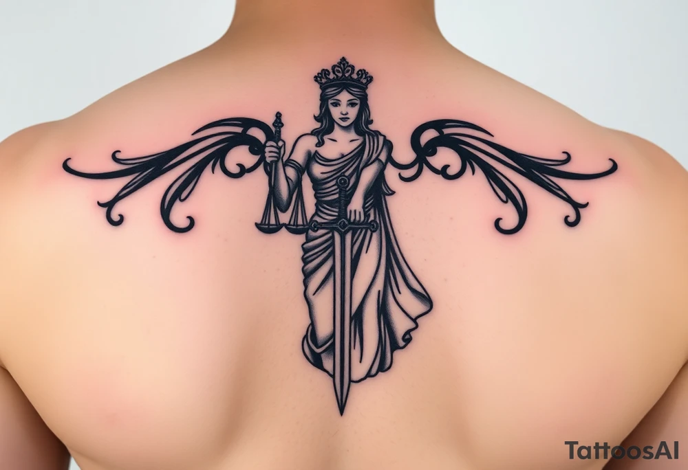 Neotraditional Lady Justice tattoo, forearm placement, vivid colors, sword facing down, regal tattoo idea