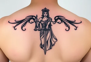 Neotraditional Lady Justice tattoo, forearm placement, vivid colors, sword facing down, regal tattoo idea
