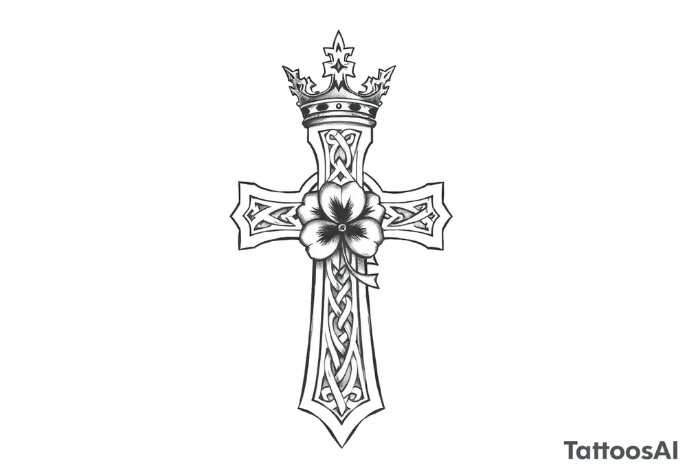 a celtic cross with a crown and a clover tattoo idea