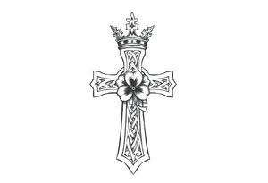 a celtic cross with a crown and a clover tattoo idea