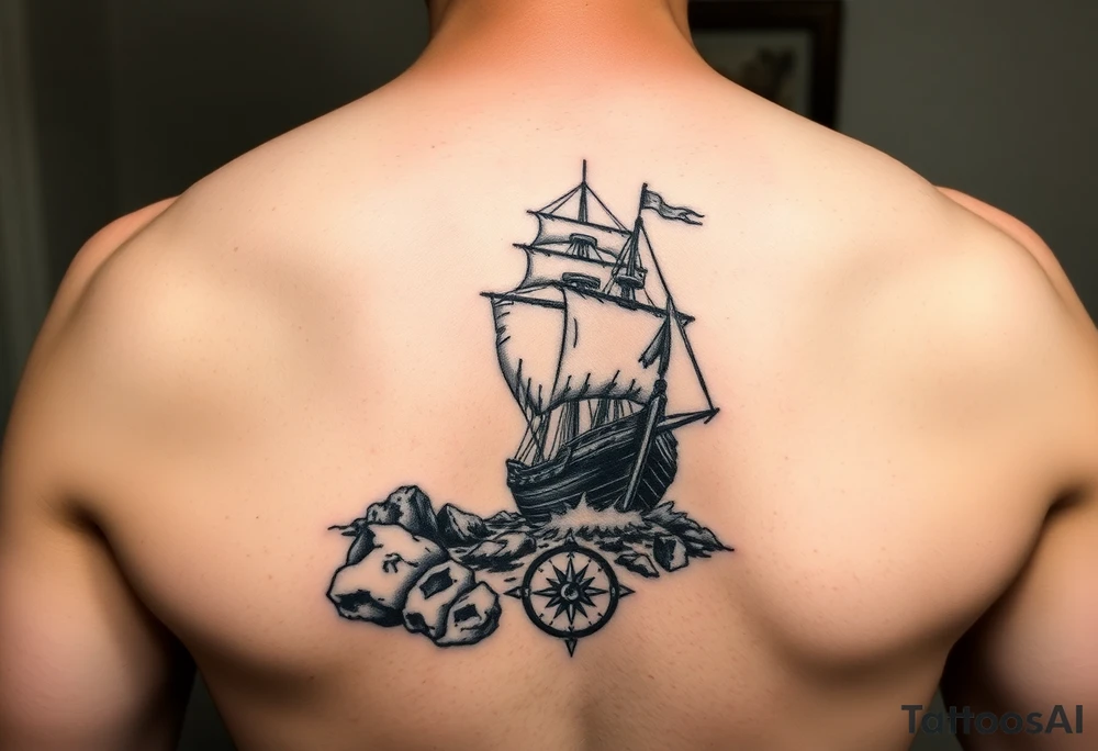A tattered galleon ship sailing toward a stormy and rocky shore and a compass pointing home tattoo idea