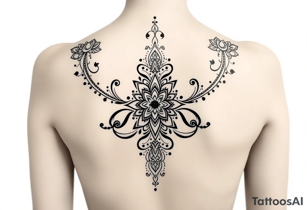 spine tattoo design with symmetrical ornamental patterns, combining dotwork, mandala elements, and flowing lines that follow the natural curves of the body with tribal-inspired lower back tattoo with sweeping symmetrical curves, bold linework, and soft floral accents, creating a feminine yet powerful aesthetic. The design is intricate and balanced. tattoo idea