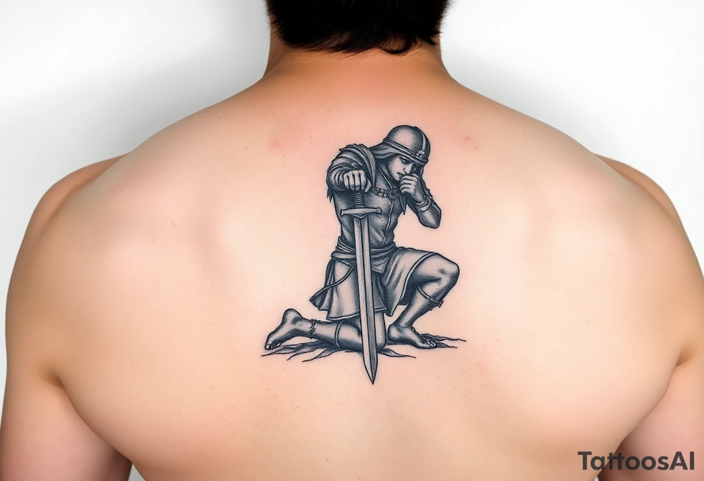 Exhausted warrior with sword praying on one knee tattoo idea