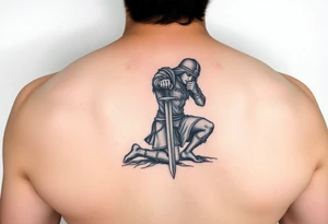 Exhausted warrior with sword praying on one knee tattoo idea