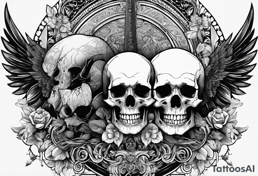 Thanatos and hypnos, 3 skull, sword, like greek statue, minimalist tattoo idea