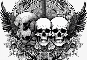 Thanatos and hypnos, 3 skull, sword, like greek statue, minimalist tattoo idea