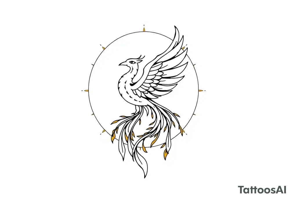 magical phoenix rising from golden flames with trailing embers surrounded by geometric sun and moon tattoo idea