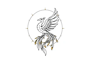 magical phoenix rising from golden flames with trailing embers surrounded by geometric sun and moon tattoo idea